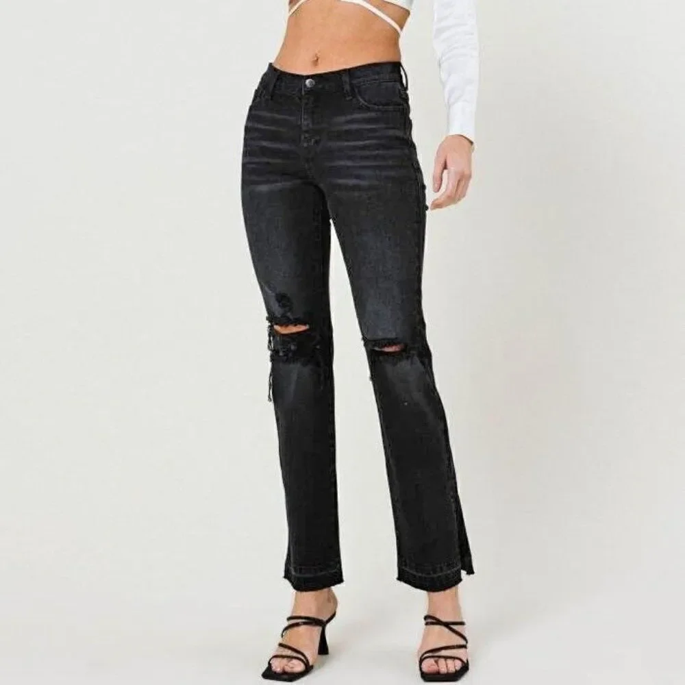 Vibrant Miu Split Leg Vintage Black Bootcut‎ Ripped Jeans Womens Raw Hem 3 / 25